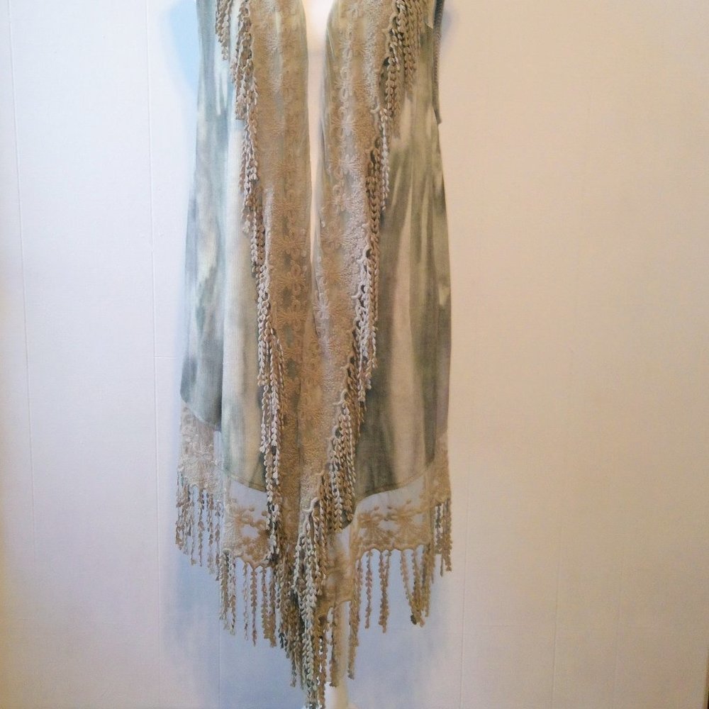 One World Sage Green Tie Dye Lace Fringe Duster Cardigan Size: Large - Picture 2 of 14
